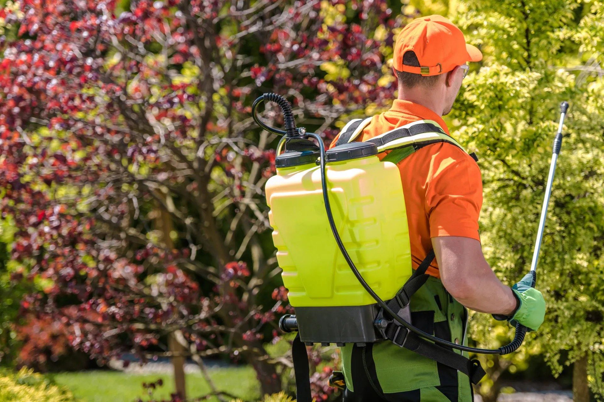 A man in an orange shirt and hat with a backpack.